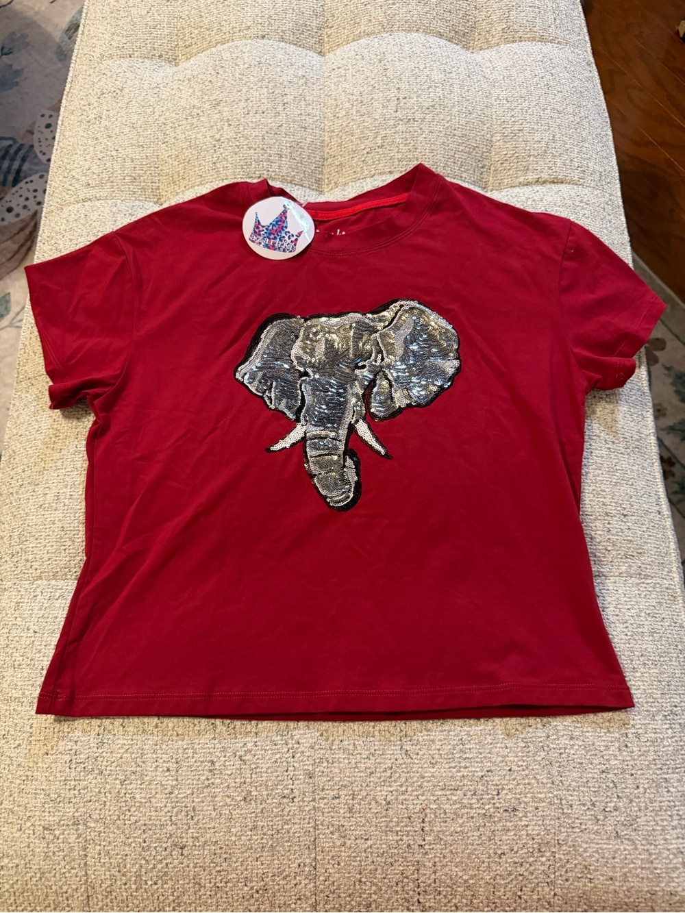 Girls' Red Short Sleeve Tee with Sequin Elephant Appliqué